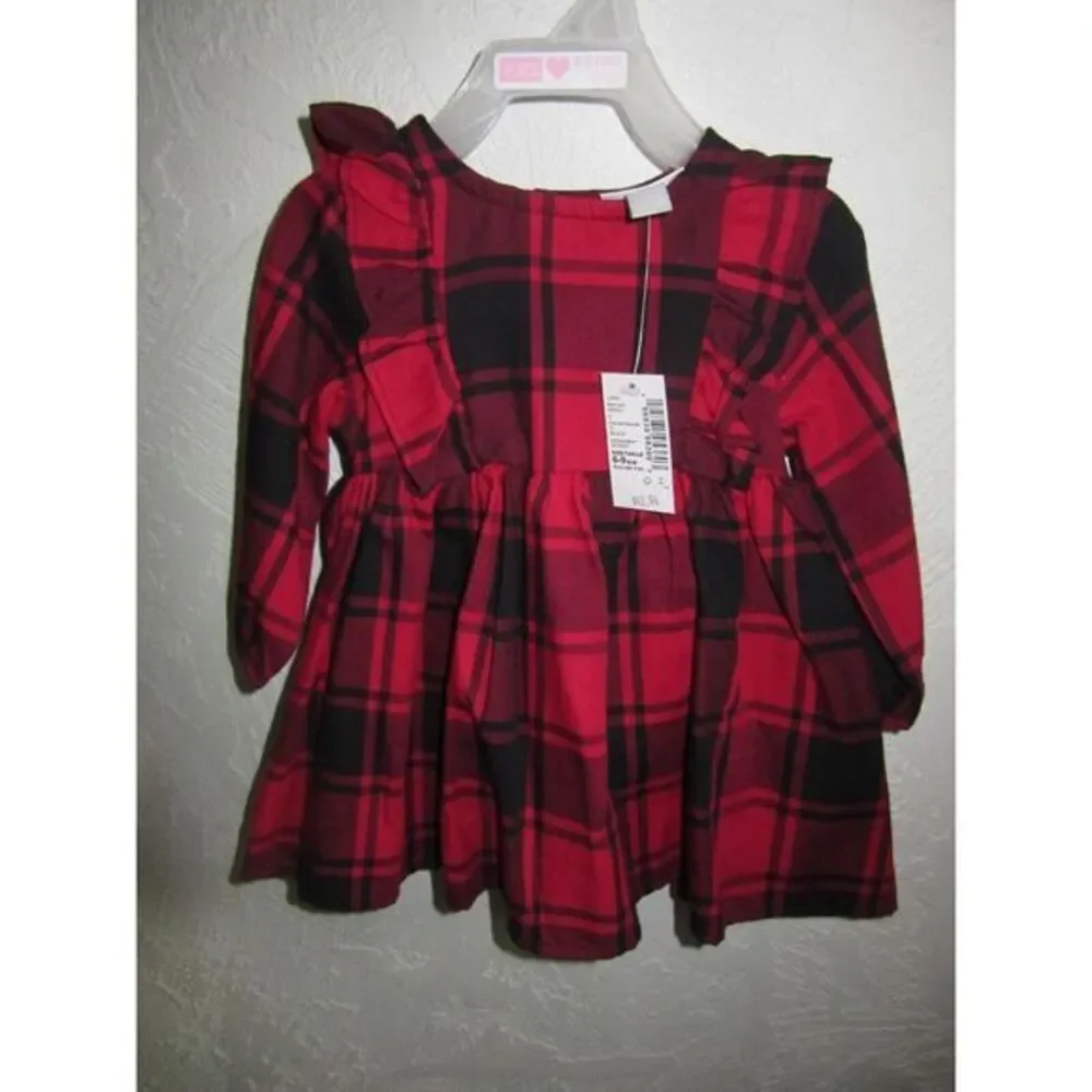 The Childrens Place Christmas Dress 6-9 Mo Buffalo Plaid w Ruffles Diaper Cover - Picture 1 of 4